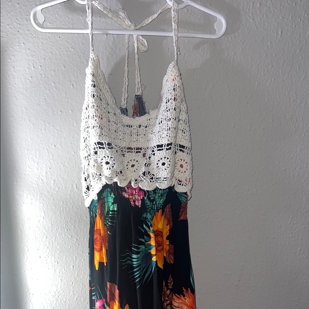 Floral Crochet Halter Top - White and Black